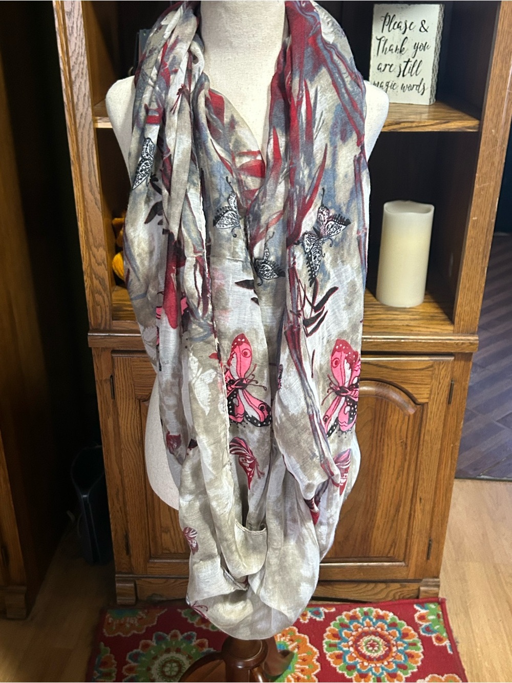 Butterfly Print Infinity Scarf in Pink and Gray